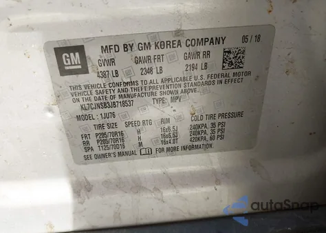 2018 Chevrolet Trax Ls из США, поврежденный, VIN KL7CJNSB3JB718537